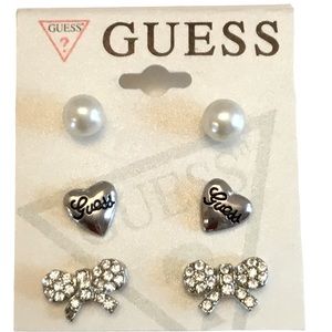 🆕 Guess Multi Pair Earring Set Silver-tone Studs Hearts Rhinestone Bows Pearls